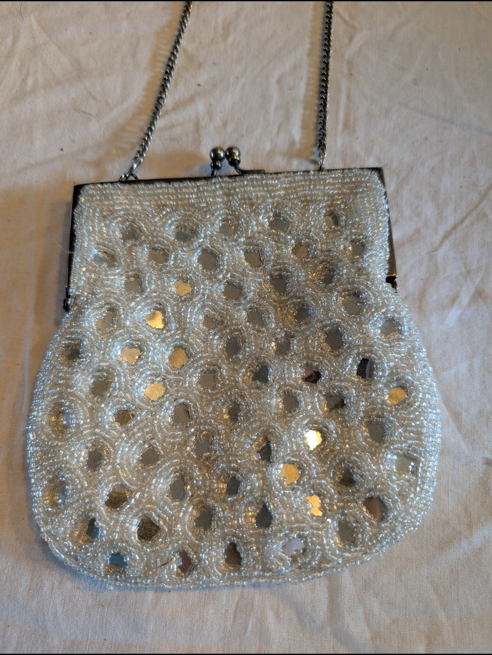2/60$ Vintage Silver Beaded Evening Clutch with Mirror Discs